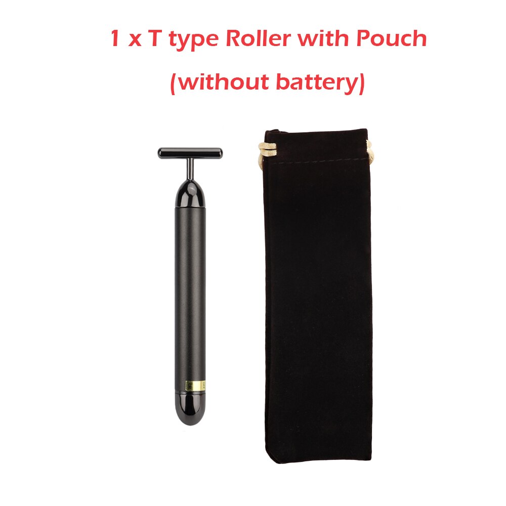 24k Golden Facial Roller Massager T Shape Vibrating Face Lifting Energy Beauty Bar Body Skin Massage Device Face Care Tools: T black with bag