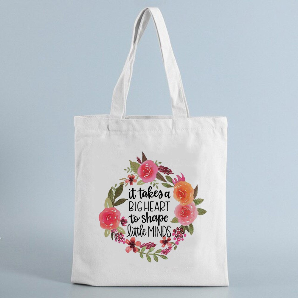 It Takes A Big Heart To Shape Little Mind Canvas Reusable Shopping Bag Teacher Shoulder Cloth Bags Shopper Tote Bag: B3179-TBWH-M