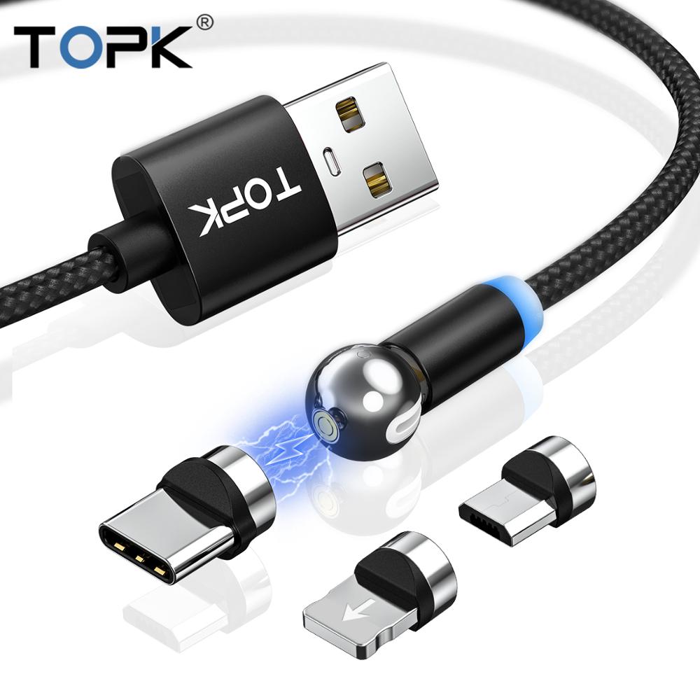 TOPK AM28 360 grad Drehen Magnetischer Micro USB Typ C Kabel LED Magnetic Charging Kabel für iPhone 11 Xs Max X 8 7 6