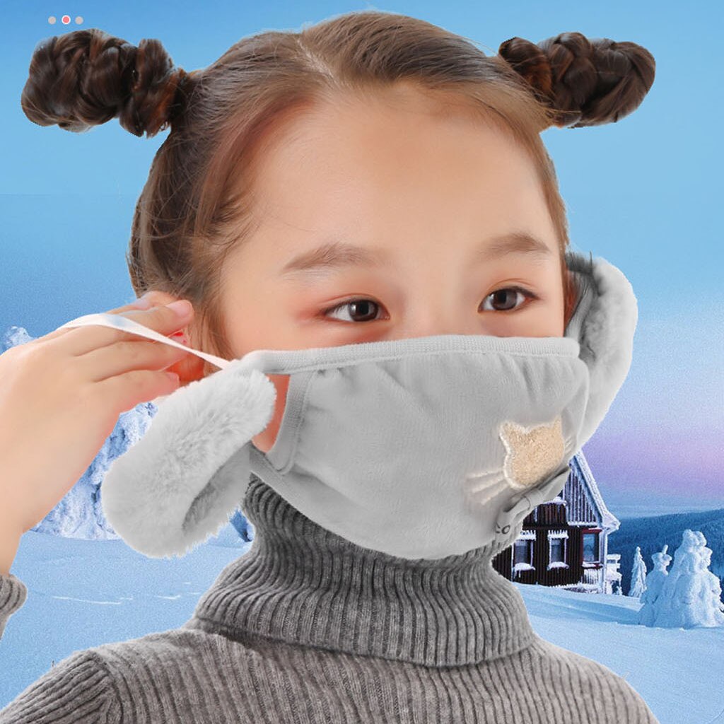 1Pc Winter Ski Fasemask Kids Reusable Cartoon Print Breathable Mascarillas Cotton Washable Warm Maskes Balaclava Cap Hat