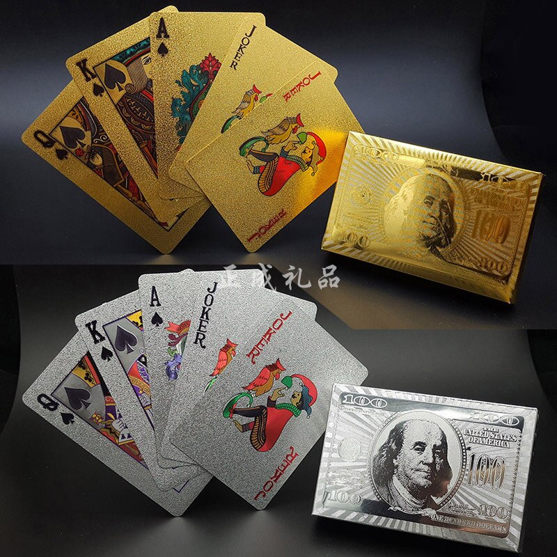 Heißer Spielkarten Mit 24K Gold Blatt Dollar Volle Deck Poker Spiel einstellen Kunststoff Magie Karte Wasserdichte Karten baralho Spiel: uns Dollar Silber-