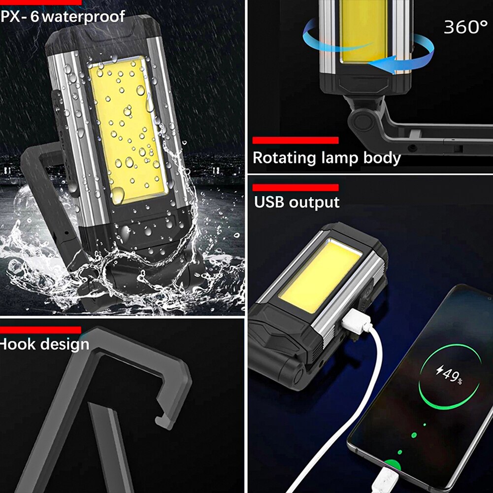 Portable XPE+COB LED Flashlight USB Rechargeable Torch Work Light Foldable Emergency Camping Lamp Waterproof With Magnet Hook