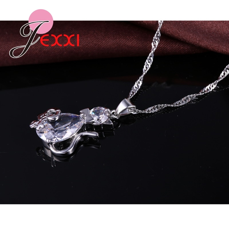 925 Sterling Silver Sweet Cat Shape Women Necklace Earrings Jewelry Set With Crystal Nice Party Wedding