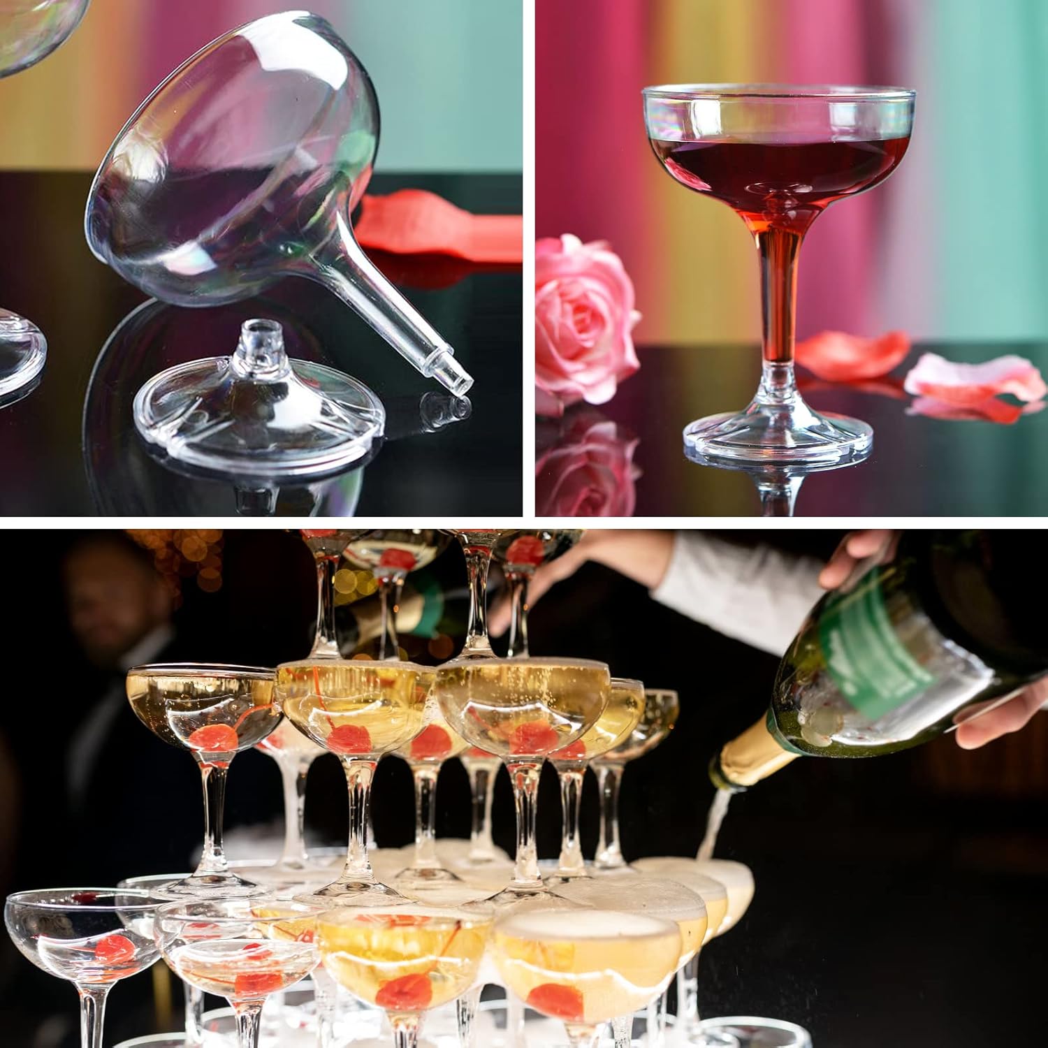 20PCS Wedding Champagne Flutes Tower Acrylic Champagne Coupe Glasses Engagement Party Decorations Plastic Martini Glasses 5oz