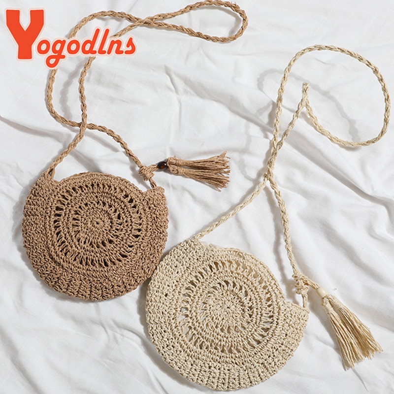 Yogodlns Ronde Zacht Papier Touw Schoudertas Kwastje Zomer Strand Handgemaakte Crossbody Tassen Vrouwen Holle Strozak Cirkel Rotan Tas