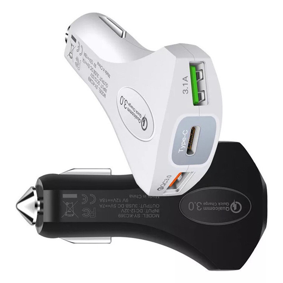 3.0 Usb Car Charger Veiligheid Hamer Sigarettenaansteker Gps Snelle Lader Auto-Lader Dual Usb Autolader adapter In Auto: WHITE