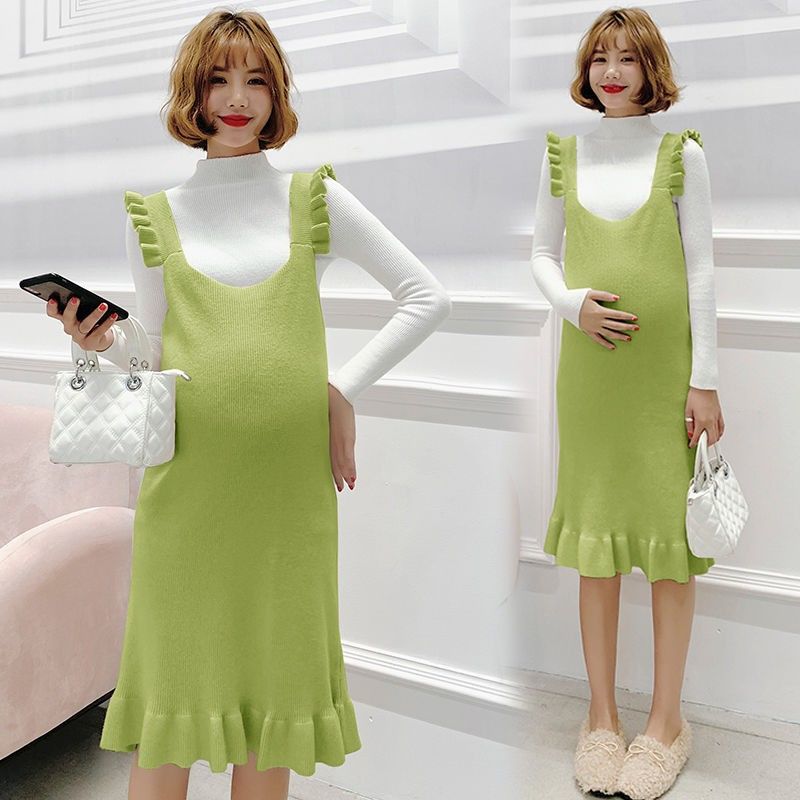 Autumn & Winter Maternity Dress for Pregnant Women Casual Women's Dresses Bottoming Knit Maternity Sweater Dress 20103009: green-only dress / M
