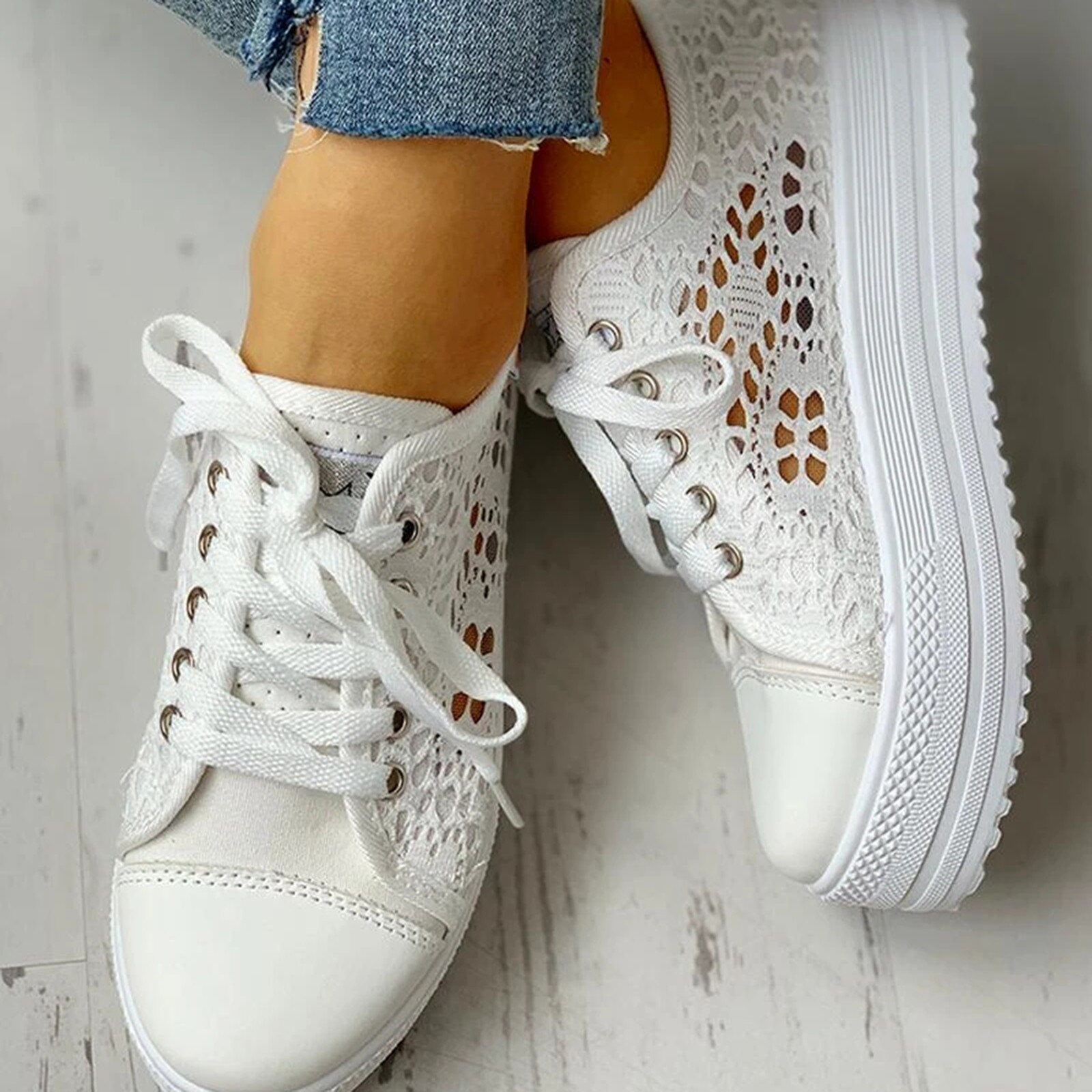 Vrouwen Mode Effen Kleuren Lace Casual Platte Mesh Ademend Platform Canvas Lace-Up Enkele Wandelschoenen Sneakers Schoeisel # G4