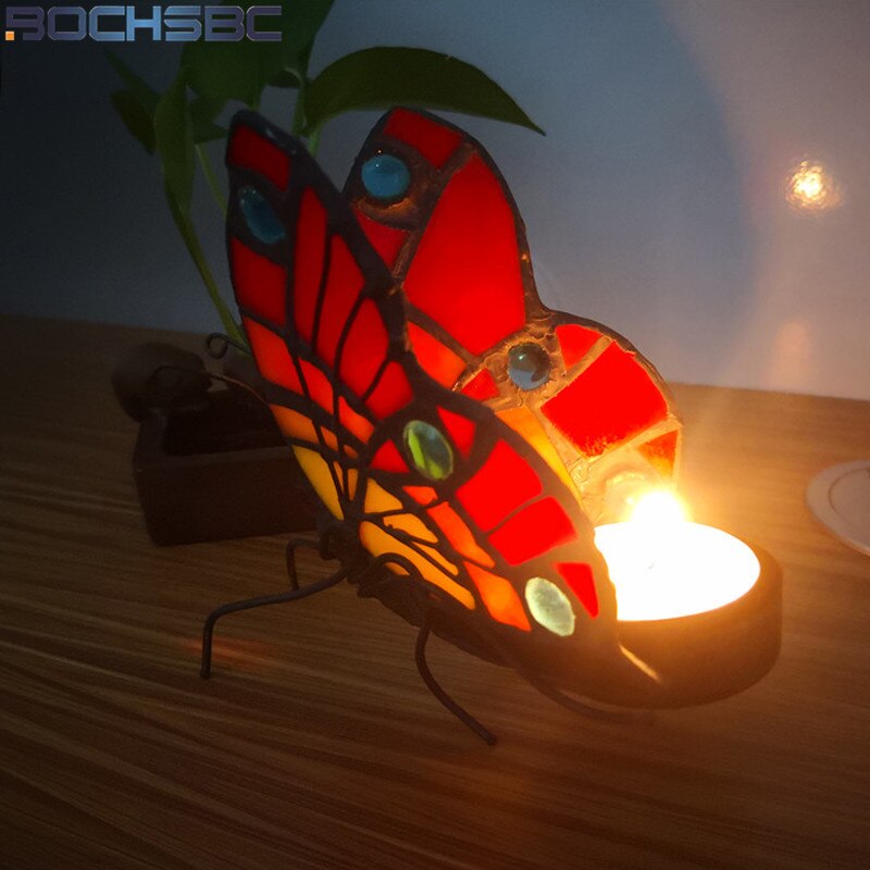 BOCHSBC Tiffany Vlinder Gekleurd Glas Kaars Houder Slaapkamer Nachtlampje Nachtkastje Theelichthouder Home Deco Sfeer Verlichting