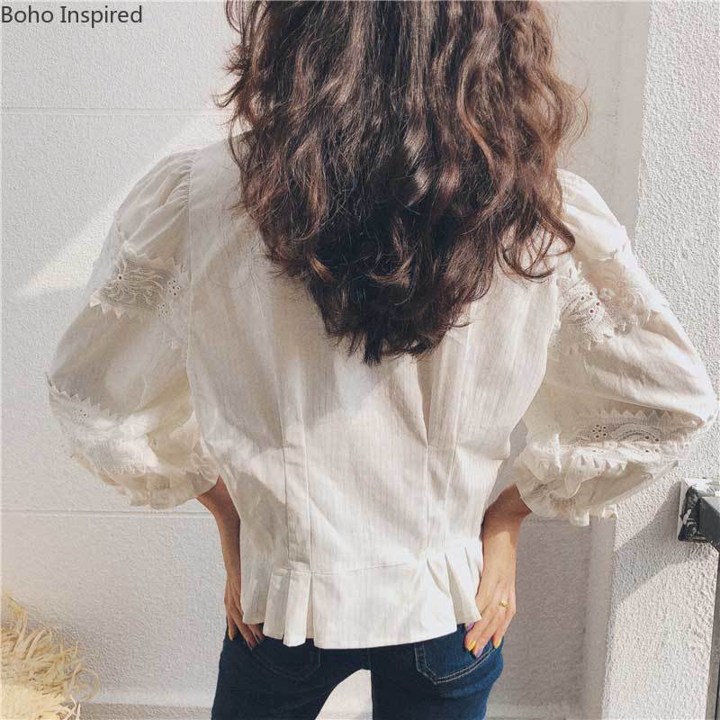 De inspiración Bohemia hueco encaje camisas de manga larga, blusa de las mujeres Floral bordado blanco Camisas de mujer BOHO camisa blusas