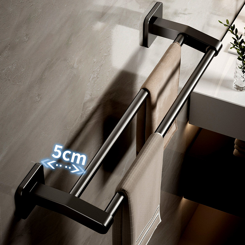 Badkamer Handdoekrek Zwarte Handdoekhouder Muurbevestiging Geen Boorbevestiging 40/50cm Keukenhanddoekstang Aluminium Dubbele Bar 2 Tier Rail