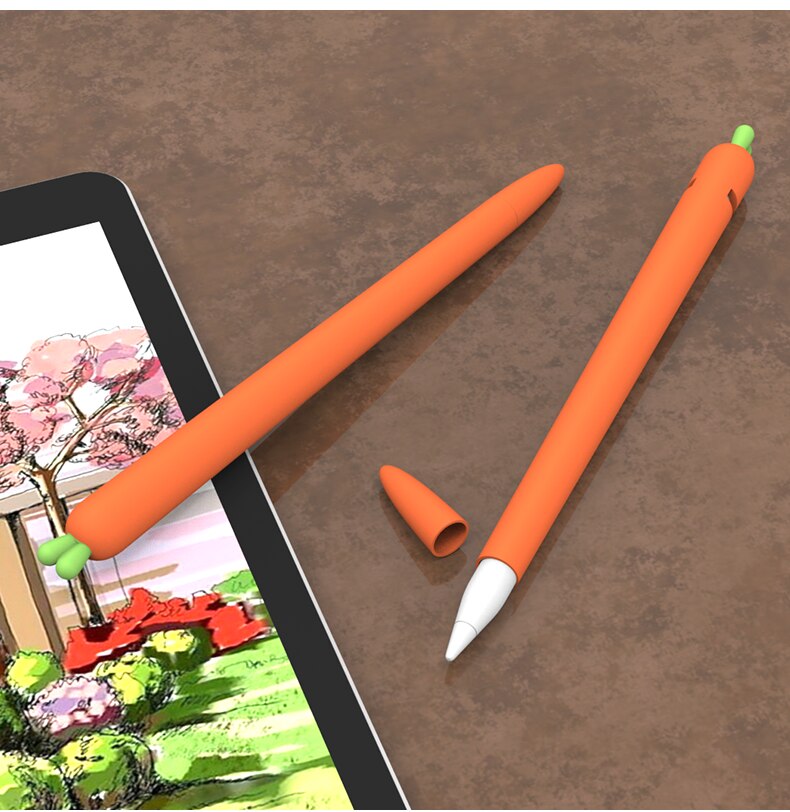 Søt hvit rød gulrot silikonblyant for epleblyant 2/1 etui til ipad nettbrett berøringspenn stylus tegneserie beskyttende ermedeksel: For blyant 2 oransje