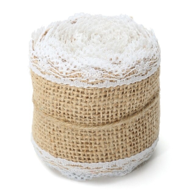 2Pcs 5Cm X 200Cm Natuurlijke Jute Jute Roll Wit Kant Hessische Trim Tafelloper Bands Rusticity Bruiloft decor Diy Craft