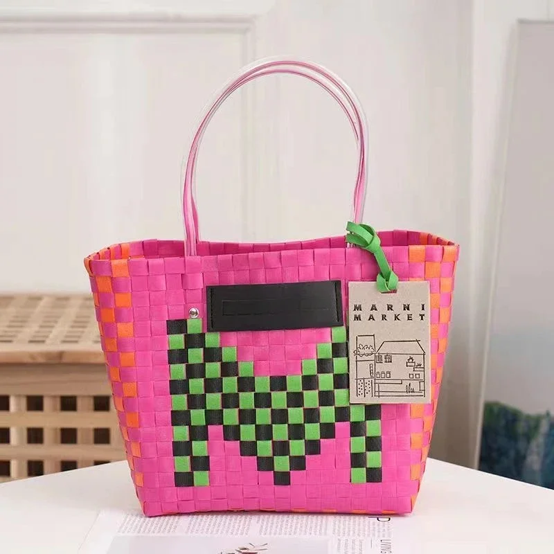 Frohe Weihnachten Süßigkeiten Aufbewahrungskorb Handtasche Rattan Korb Reise Picknick Strand Einkaufstasche Rattan Obstkorb: Rosa