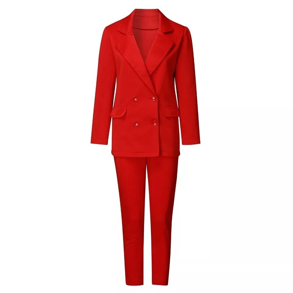 Pak Vrouwen Winter Casual Pak Dames Lange Mouw Effen Kleur Twee stuk Geel Rood Mode Temperament Double-Breasted: red / XL