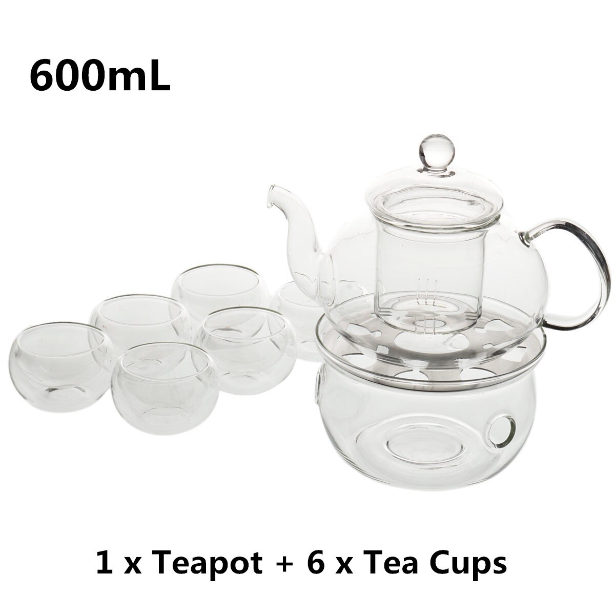 600ml/800ml Glass Teapot Set Kettle Heat Resistant Glass Tea Pot Infuser and Cup Set 6pcs Double Wall Glass Teacup Teaware: 600ml