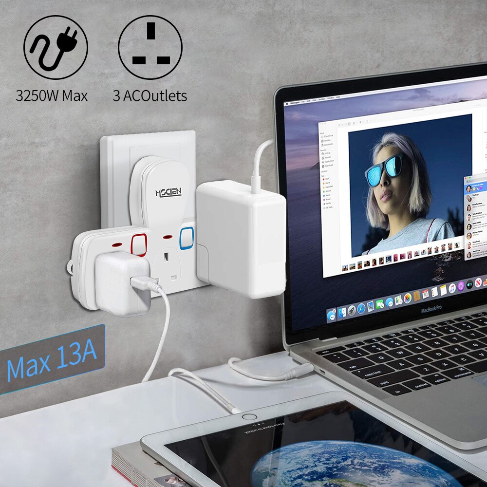 MSCIEN Power Strip UK Plug Multi Smart Plug Extension UK Electrical 13A 3 Outlet Home Charging Gray