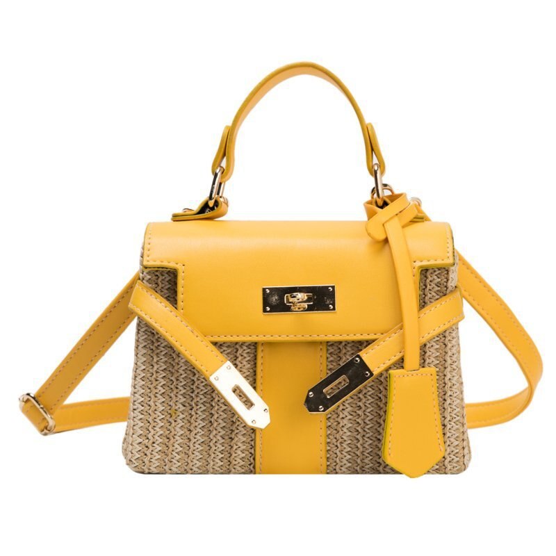 Box Stro Vrouwen Handtassen Rieten Geweven Schouder Crossbody Tassen Chic Lock Pu Zomer Strand Rotan Kleine Flap: yellow