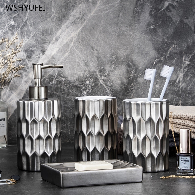 Creativity Silver plated Four piece set ceramic bathroom kit cup soap dispenser soap dish home hotel bathroom washing set
