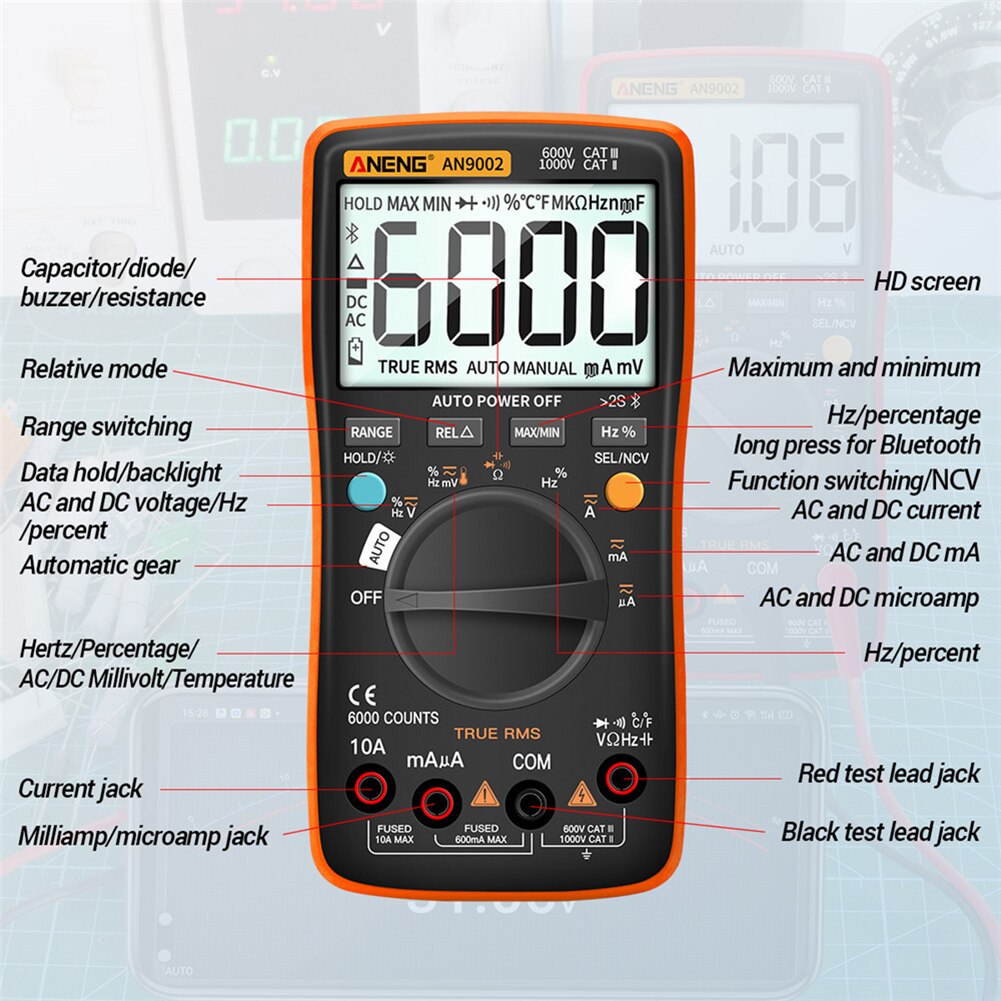Wireless Bluetooth Digital Multimeter RMS Manual/Auto Strong Toughness Electric Portable Range Voltmeter Ammeter