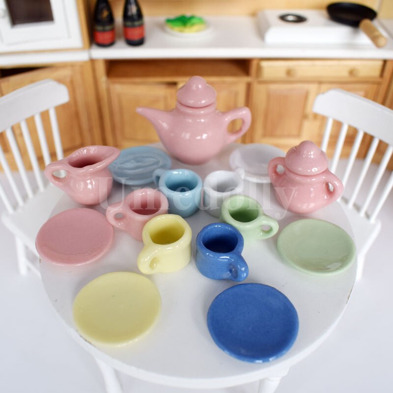 Cute Colorful 1/12 Dollhouse Miniature Porcelain Tea Cup Dish Sets Mini Teapot Pretend Play Kitchen Tableware Toy