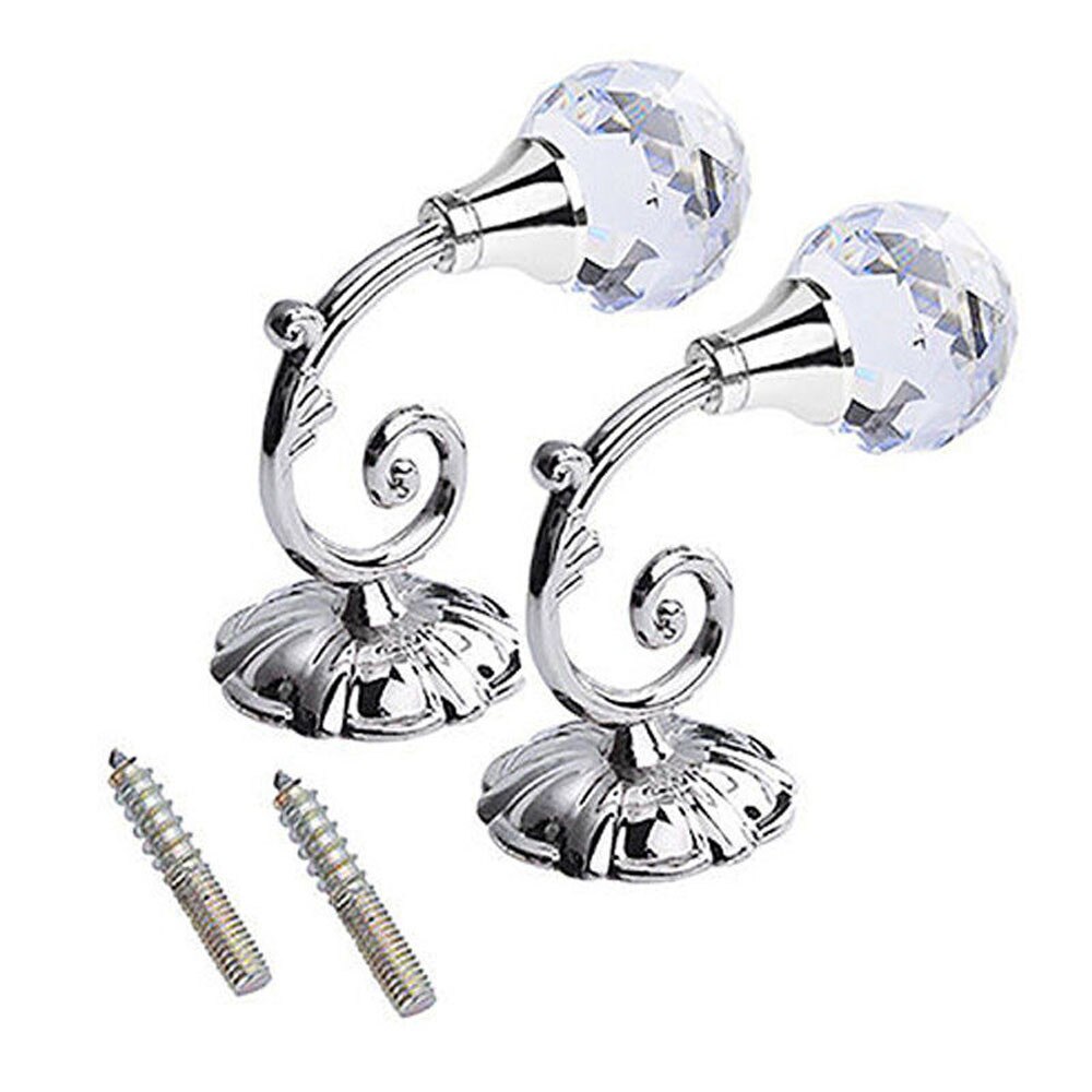 Classic Retro Hooks 2X Large Metal Crystal Glass Curtain Holdback Wall Tie Back Hanger Holder For Living room Curtain Decoration: Silver 