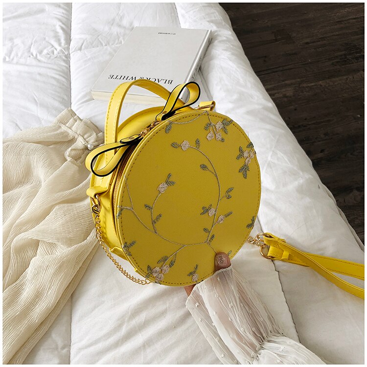 Süße Spitze Runde Handtaschen PU Leder Frauen Umhängetaschen Weibliche Kleine Frische Blume Kette Schulter Weiß: Yellow