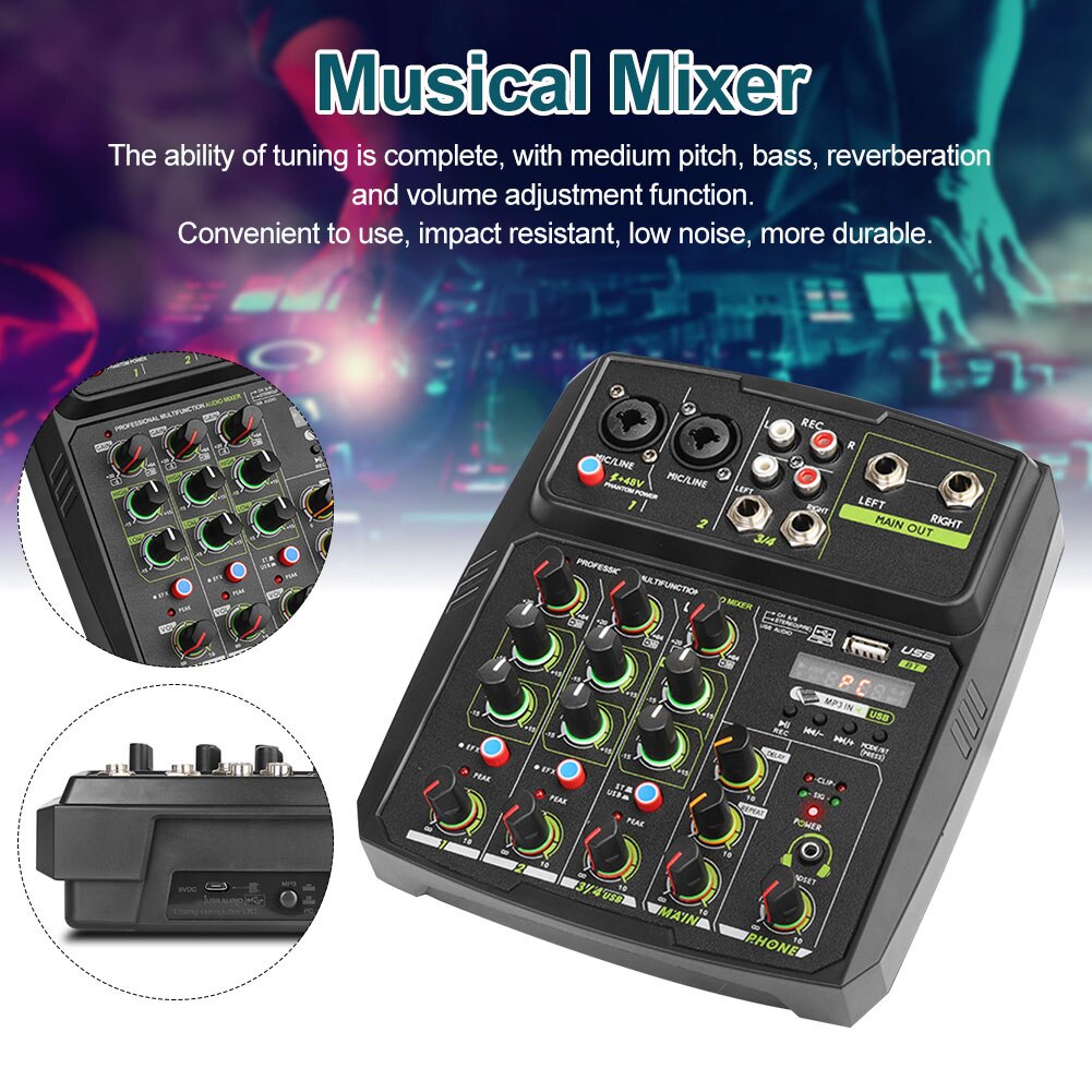 4 canais de áudio mixer usb casa mini gravação de música com placa de som bluetooth profissional estéreo mixing console festa computador