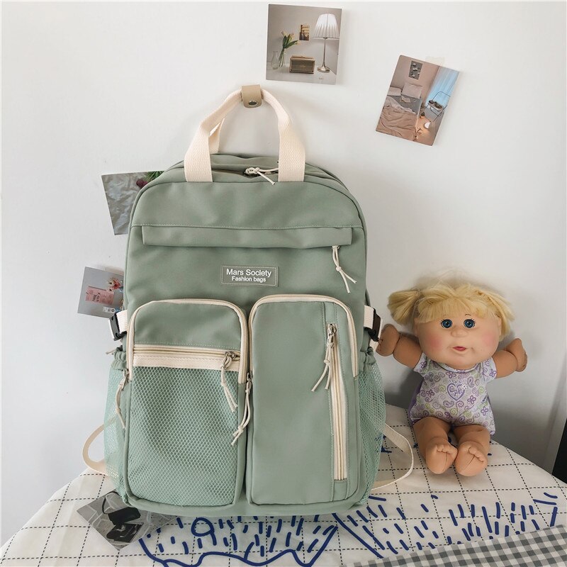 DCIMOR Large Capacity Double-deck Waterproof Nylon Women Backpack Multi-pocket Ring Buckle Portable College Girl's Schoolbag: green / With White bear