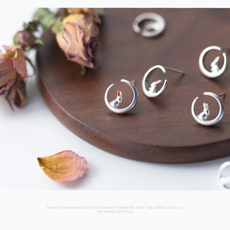 MloveAcc romantyczny 925 kolczyki sztyfty ze srebra wysokiej próza pomocą dla kobiet piękny królik siedzi na księżycu szterling-srebrny-biżuteria