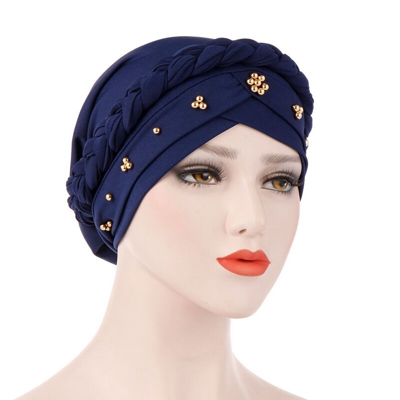 Kvinnor muslimska turban keps enfärgad bandanas pärlstav fläta pärlor dekor hatt: 6