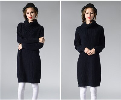 Hoffen nieuwkomers vrouwen lange trui jurk coltrui knielange losse winter gebreide jurken solid party vestidos kerst: Black