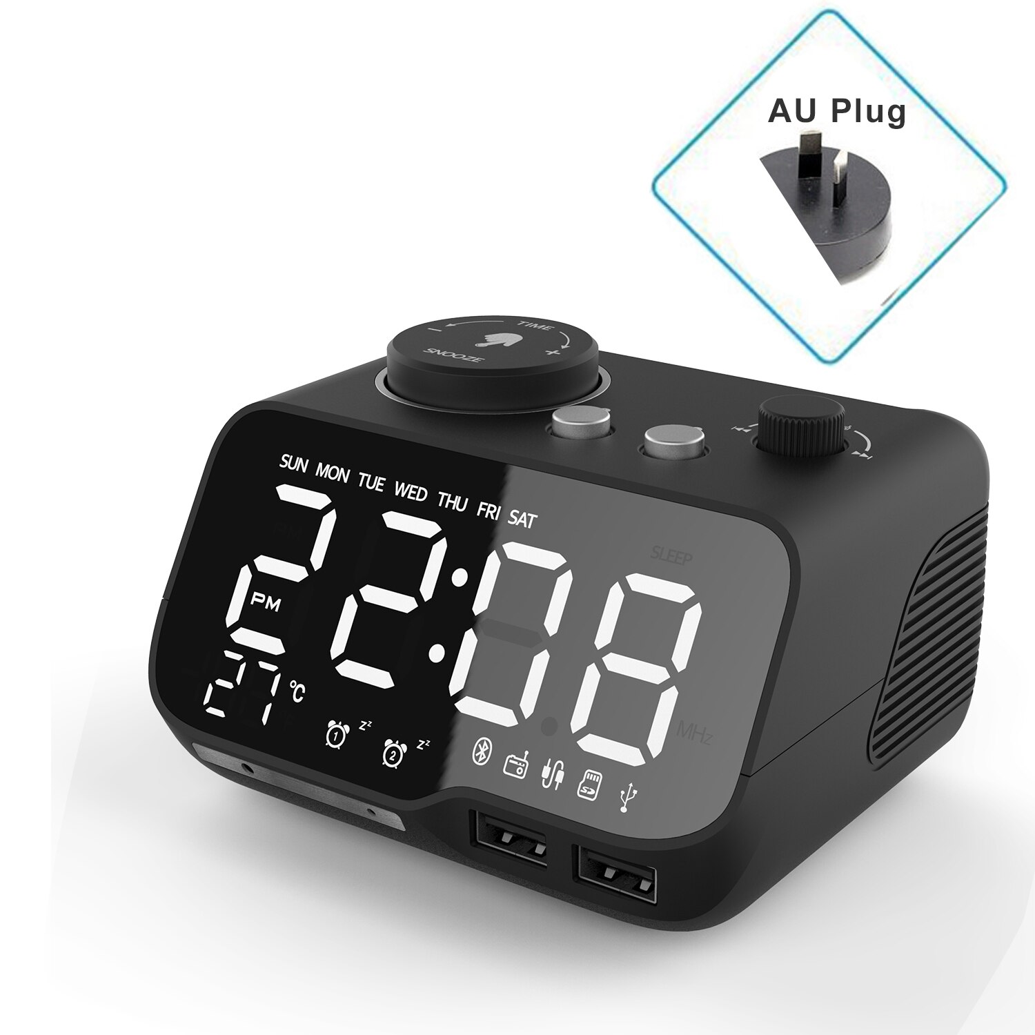 Miclock【actualizado-reloj despertador con cargador USB, despertador Digital LED con Radio FM, Altavoz Bluetooth, temperatura, repetición: Black-AU Plug