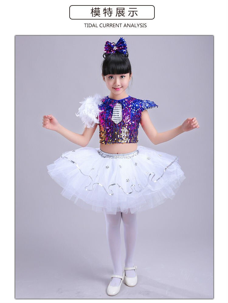Modern Dance Girl Jazz Dance Children Sequin Hip Hop Costumes Stage Girl Jazz Dance Costumes Suit for Girls Crop Top and Skirt