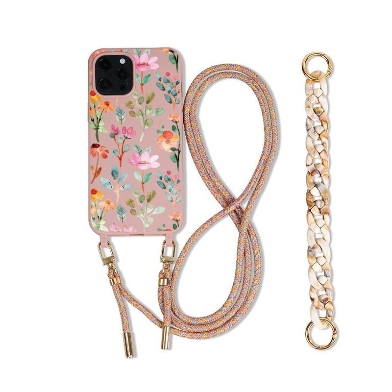 Funda de cadena de lujo para iPhone 16 SE4 15 Pro max 14 13 12 11 XSM XR XS 6 7 8 funda de teléfono cruzada con correa Plaint cubierta de flores