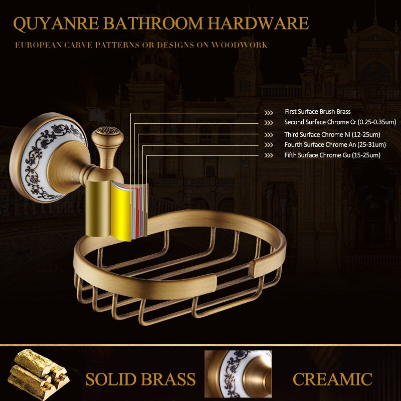 Quyanre Antique Brushed Brass & Porcelain Bathroom Hardware Towel Shelf Towel Bar Paper Holder Cloth Hook Bathroom Accessories