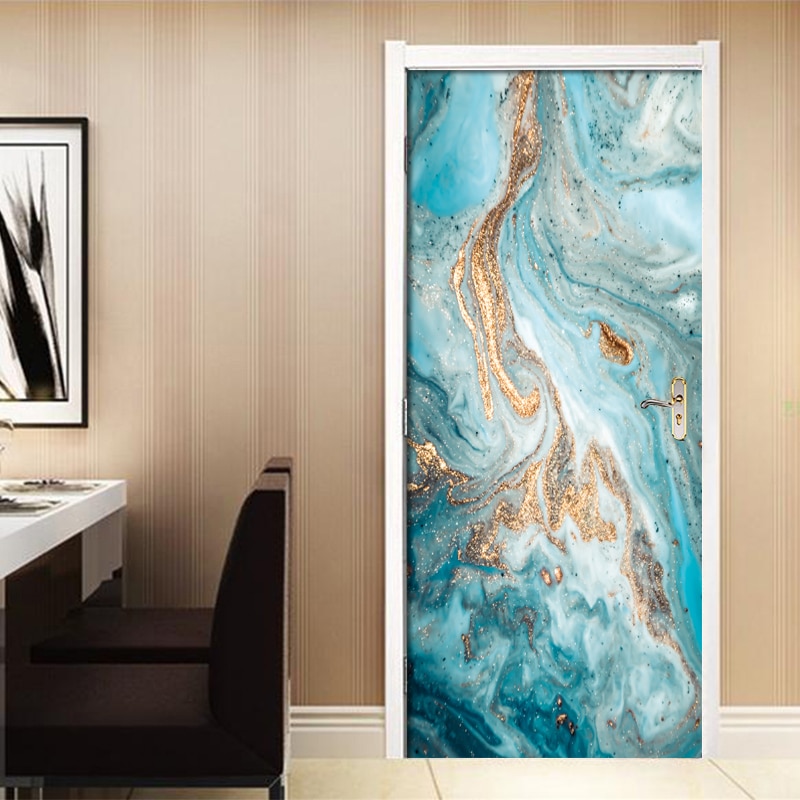 3D DIY Self-adhesive Door Stickers Waterproof Blue Quicksand Dorm Room PVC Poster Door Mural Removable Art Vinyl Wallpaper Roll