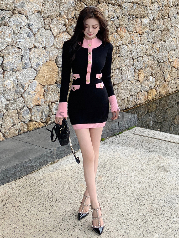 Winter French Vintage Knitted Dress Women Button Patchwork Sweater Dress Female Korean Casual Retro Dress