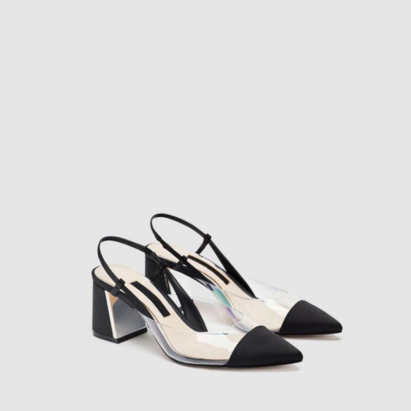Damskor plast slingback mellanhäl spetsade höga klackar tjock klack dam sandaler transparent yta kvinnor  n103