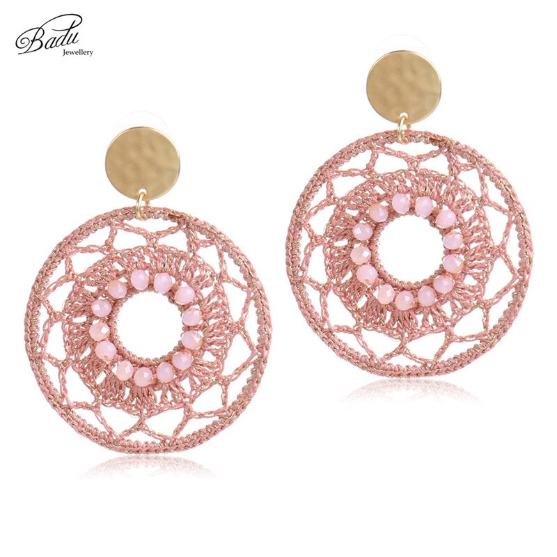 Badu Big Statement Round Crochet Earrings for Women Hollowing Crochet Drops Retro Dangle Earring for Christmas Jewelry