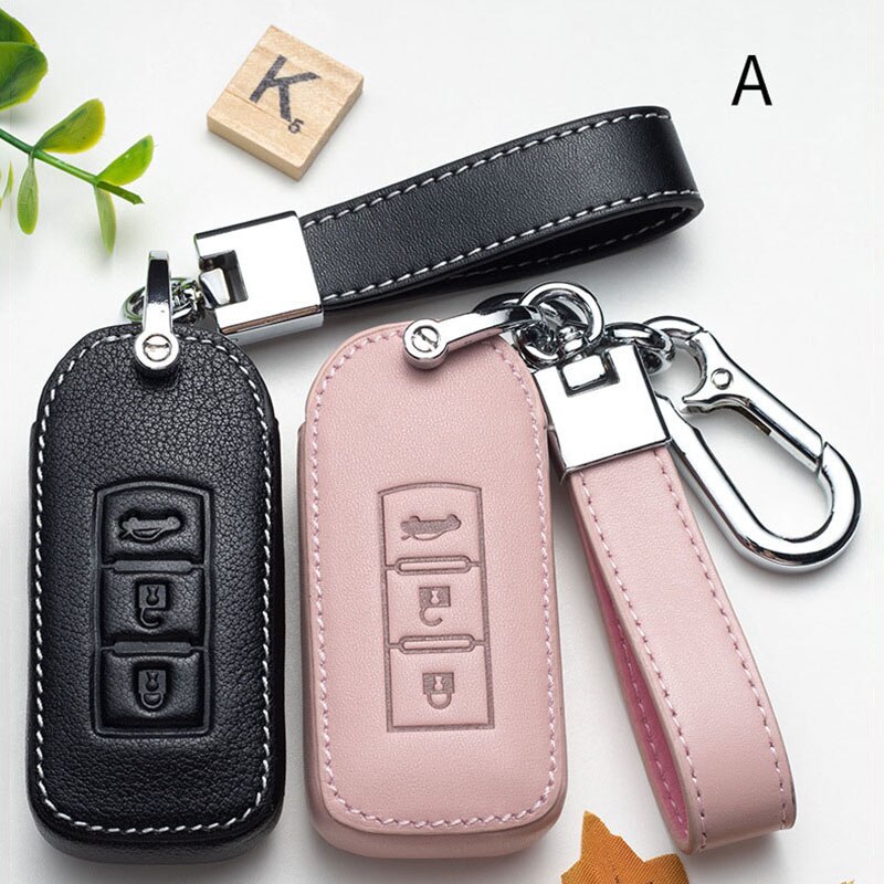 Leather Car Key Case Cover for Mitsubishi Outlander Lancer 10 Pajero Sport EX ASX RVR Colt Grandis L200 Smart 2 3 Button Case: A-pink and black