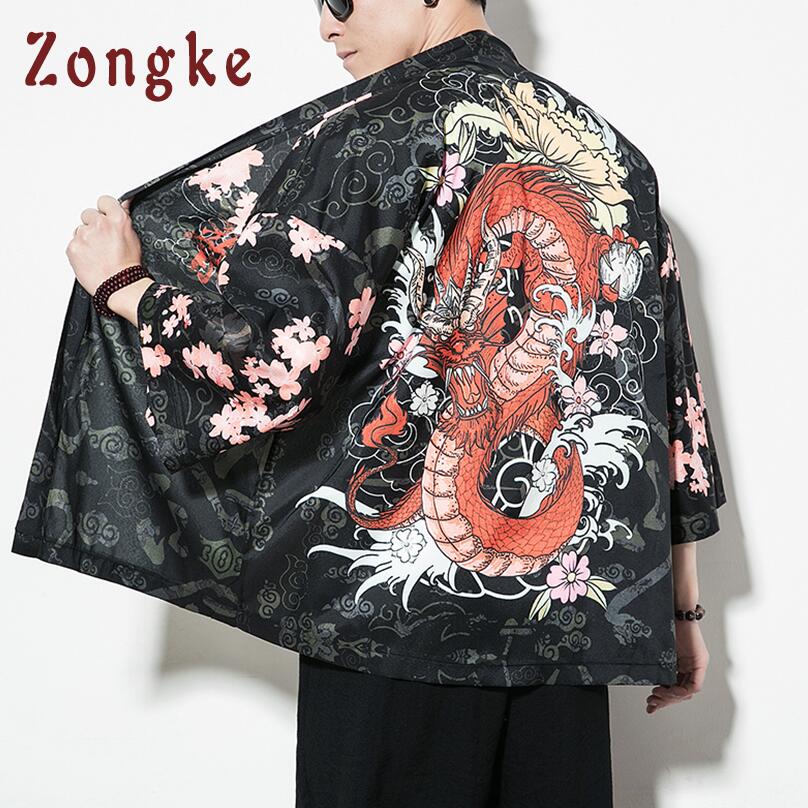 Zongke Chinese Style Dragon Kimono Cardigan Men Shirt Hip Hop Streetwear Kimono Shirt Men Japanese Kimono Men Shirt Summer: Dragon / Asian Size XL