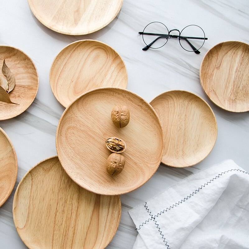 Platos redondos de madera, juego de platos grandes y pequeños de madera, plato para servir aperitivos, tartas, bandeja de comida, utensilios de madera, vajilla, 2 uds.