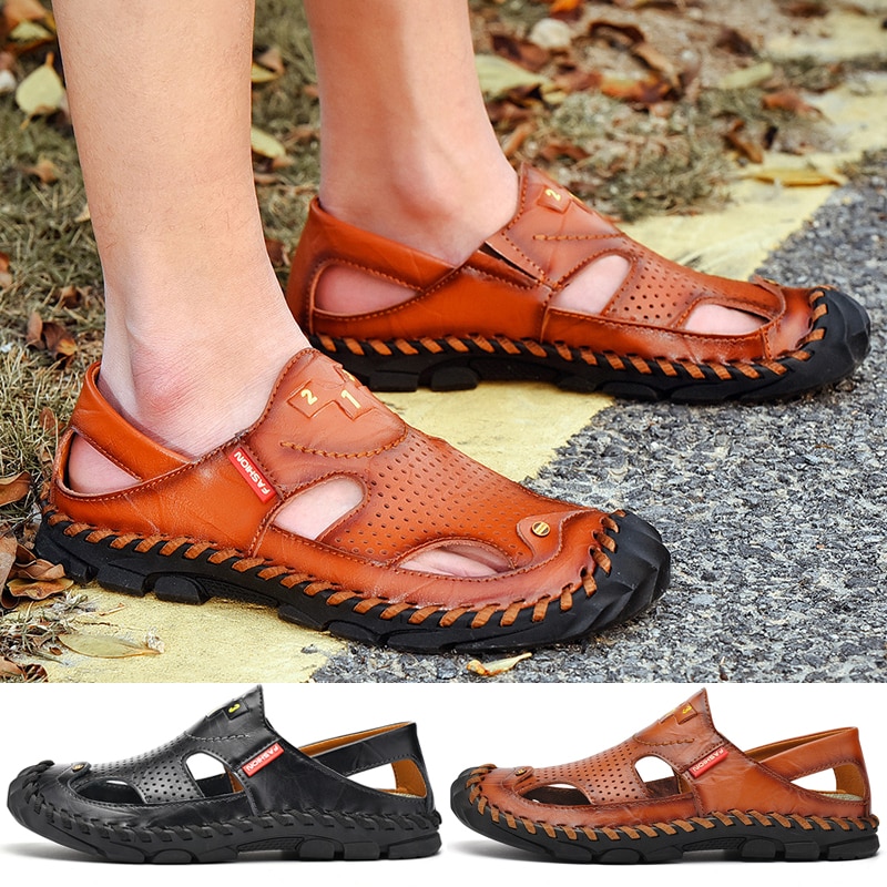 hommes chaussures d'été en cuir bout fermé sandales plates en plein air espadrilles décontractées