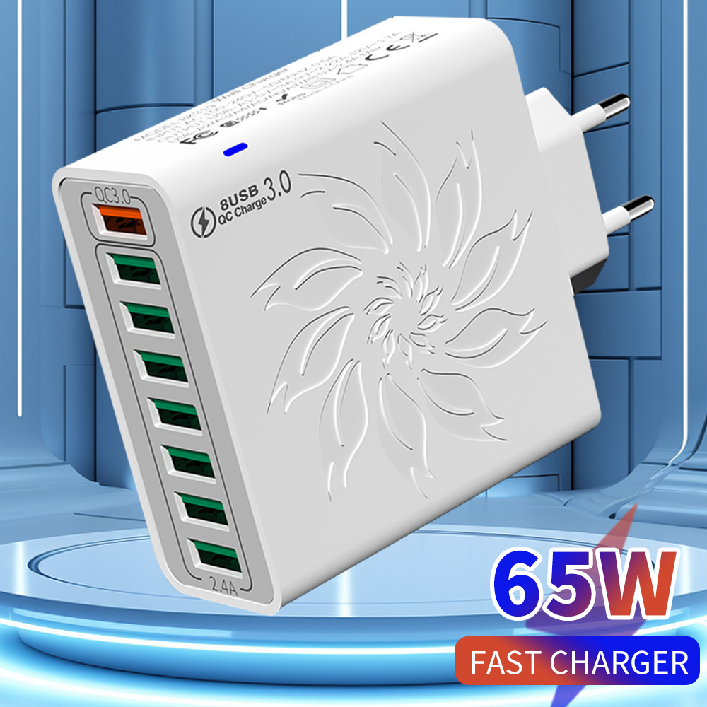 65W Huishoudelijke 8 Poorten USB-oplader met datakabel voor meerdere apparaten USB Snel opladen Muuradapter Quick Charge 3.0 Oplader