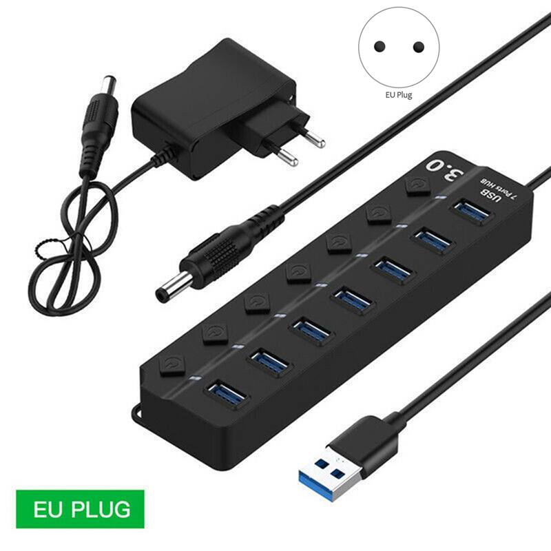 7 Poorten Usb 3.0 Hub 5Gbps High Speed Aan Uit Schakelaar Tablet Data Transfer Met Knop Power Adapter Voor pc Laptop