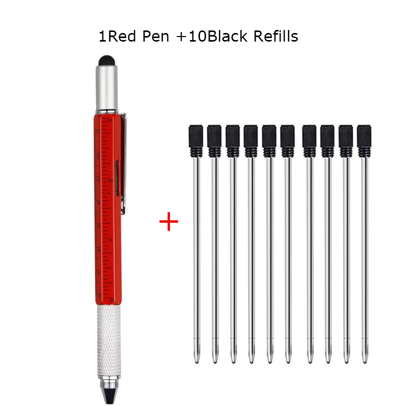 6 In 1 Multi Tool Pen Multifunction Screwdriver Precision Ruler Caliper Ballpoint Pens for Phone Touch Creativity Level Meter: 1 Red 10 Black ink