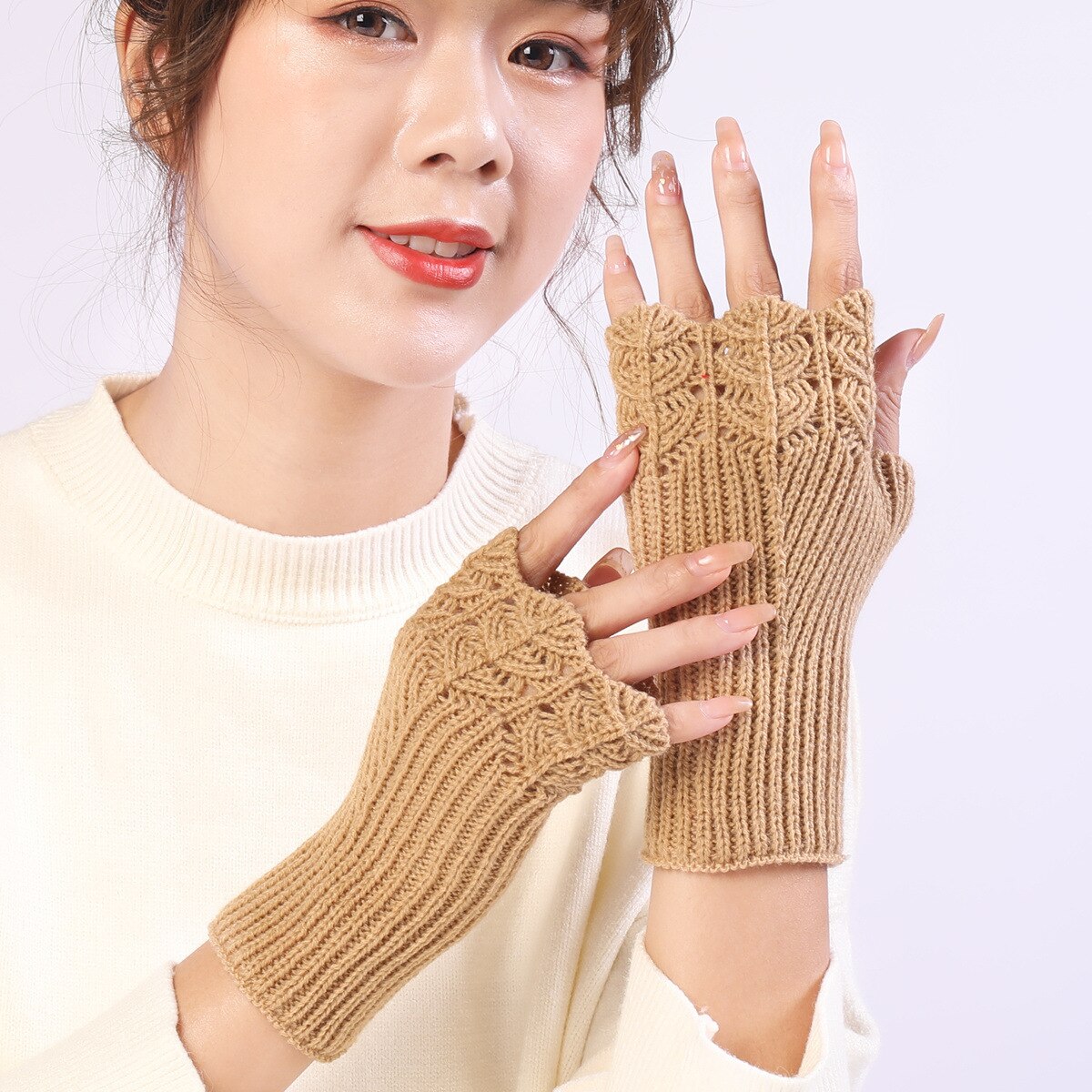 Korean Wool Gloves Autumn Winter Female Student Versatile Knitted Warm Half Finger Open Finger Gloves