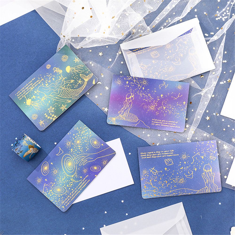 2Sets Doorschijnende Zuur Papier Vergulden Enveloppen Bruiloft Uitnodiging Kaart Cartoon Mermaid Party Postcard Kerstmis Supply Bag