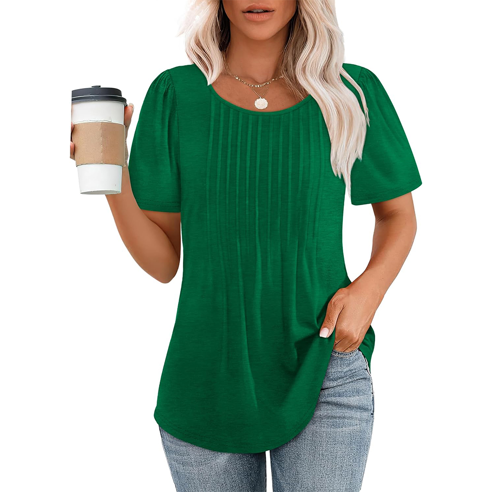Dames T-shirts met korte mouwen, geplooid, chic, casual ronde hals, zomertops, blouses 2025